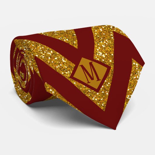 Monogram Bourgogne & Gold Glitter Design Mannen Stropdas (Opgerold)