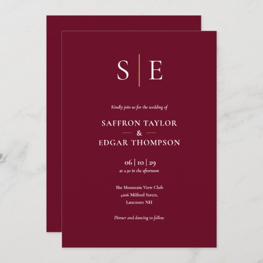 Monogram Bourgondië Alles in een bruiloft Kaart (Voorkant / Achterkant)