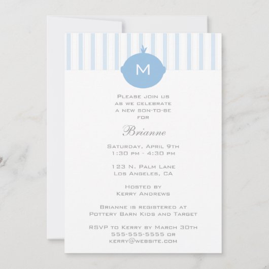 Monogram Boy Baby shower Uitnodiging - Blauw & Wit (Achterkant)