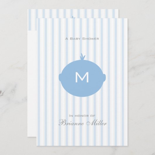 Monogram Boy Baby shower Uitnodiging - Blauw & Wit (Voorkant / Achterkant)