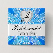 Monogram Bridal Party Blue Satin Design Vierkante Button 5,1 Cm (Voorkant)