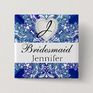 Monogram Bridal Party Royal Blue Satin Design Vierkante Button 5,1 Cm