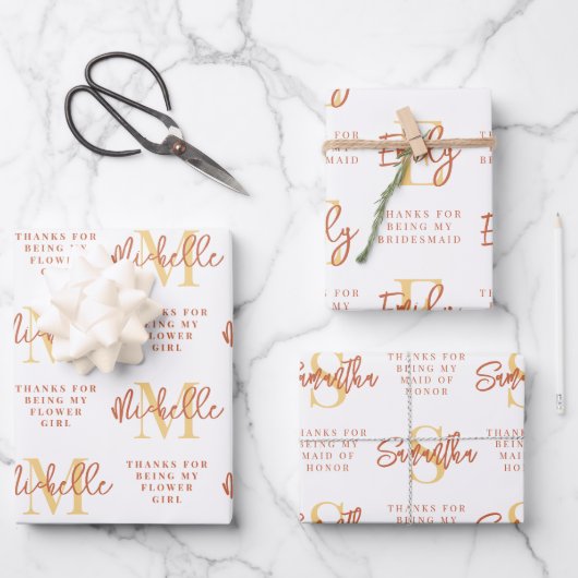 Monogram Bridesmaid Bloemenmeisje Maid Honor Bedan Inpakpapier Vel (Voorkant)