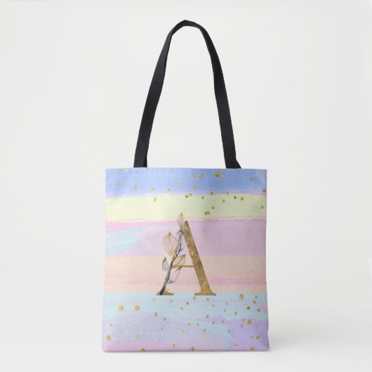 *~ Monogram BRIEF A - Pastel Colors Gold Glitter Tote Bag (Voorkant)