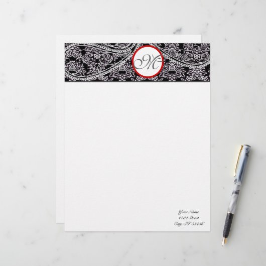 Monogram briefhoofd zwart en grijs Paisley Sjabloon (Voorkant / Achterkant in situ)