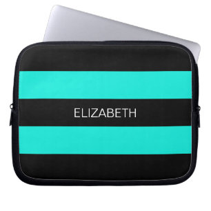 Monogram Bright Aqua Black Horiz Preppy Stripe #3 Laptop Sleeve