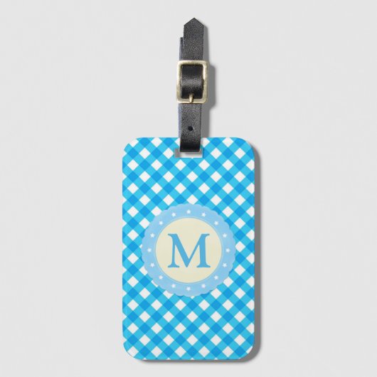 Monogram Bright Blue Gingham Pattern Bagagelabel (Voorkant (verticaal))