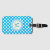 Monogram Bright Blue Gingham Pattern Bagagelabel (Voorkant (horizontaal))