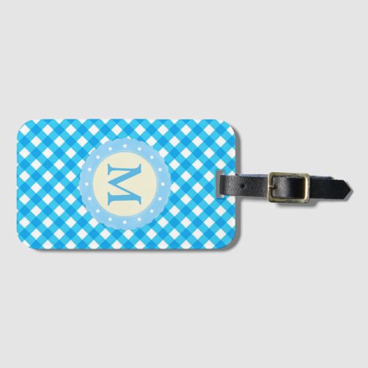 Monogram Bright Blue Gingham Pattern Bagagelabel (Voorkant (horizontaal))