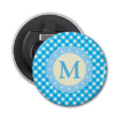 Monogram Bright Blue Gingham Pattern Button Flesopener (Voorkant)