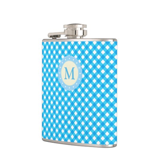Monogram Bright Blue Gingham Pattern Heupfles (Links)
