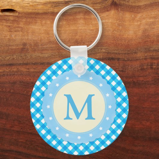 Monogram Bright Blue Gingham Pattern Sleutelhanger (Achterkant)