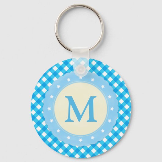 Monogram Bright Blue Gingham Pattern Sleutelhanger (Achterkant)