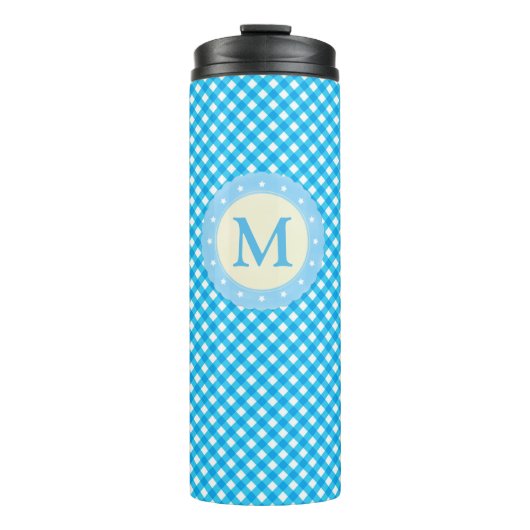 Monogram Bright Blue Gingham Pattern Thermosbeker (Voorkant)