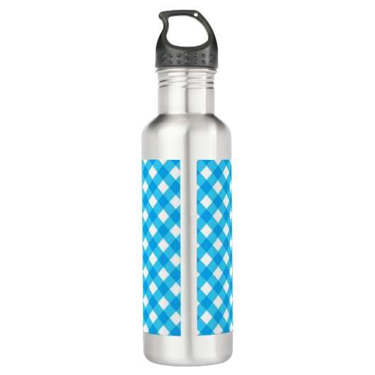 Monogram Bright Blue Gingham Pattern Waterfles (Achterkant)