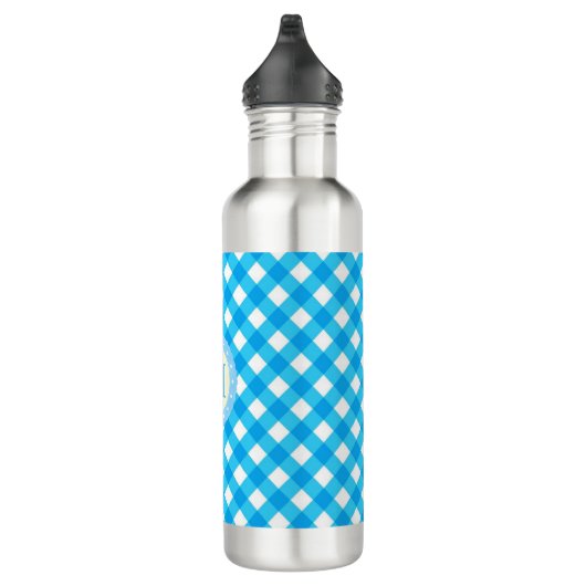 Monogram Bright Blue Gingham Pattern Waterfles (Rechts)