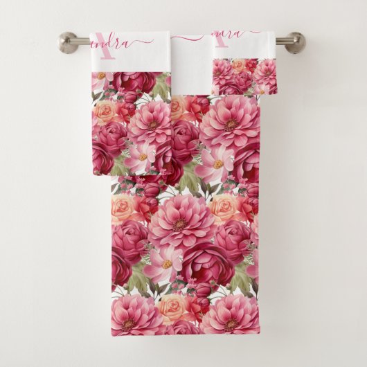 Monogram Bright Pink Floral Elegant Towel Set Bad Handdoek (Insitu)