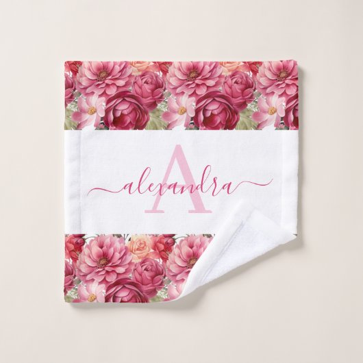 Monogram Bright Pink Floral Elegant Towel Set Bad Handdoek (Wasdoekje)