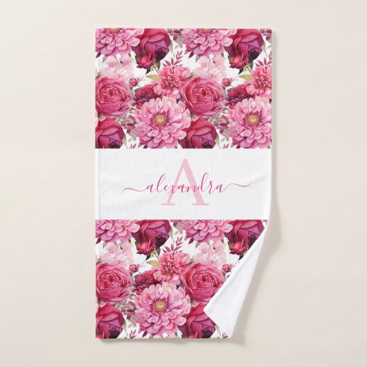 Monogram Bright Pink Floral Elegant Towel Set Bad Handdoek (Handdoek)