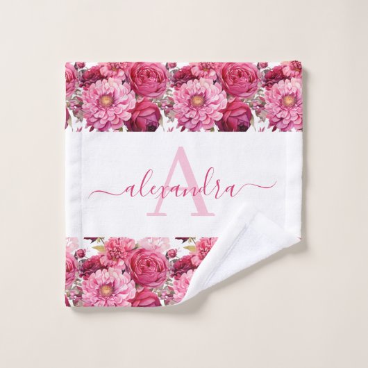 Monogram Bright Pink Floral Elegant Towel Set Bad Handdoek (Wasdoekje)