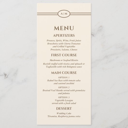Monogram Brown Cream Christian Wedding Menu (Voorkant)