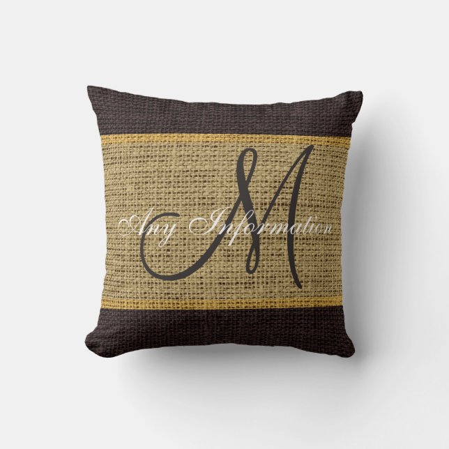 Monogram Brown Rustic Burlap Jute Kussen (Voorkant)