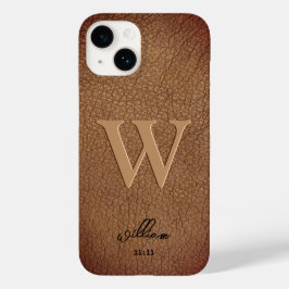 Monogram Brown Rustic Leather stijlvolle scriptnaa Case-Mate iPhone 14 Hoesje