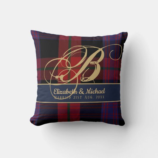 Monogram BROWN Tartan Blauw Rood Jonggehuwden Trou Kussen (Voorkant)