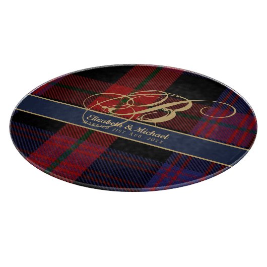 Monogram BROWN Tartan Blauw Rood Jonggehuwden Trou Snijplank (Hoek)