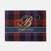 Monogram BROWN Tartan Blauw Rood Nieuwgetrouwd Tro Deurmat (Voorkant)