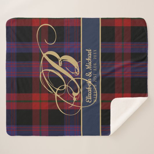 Monogram BROWN Tartan Blue Red Passen getrouwd Wed Sherpa Deken (Voorkant (horizontaal))