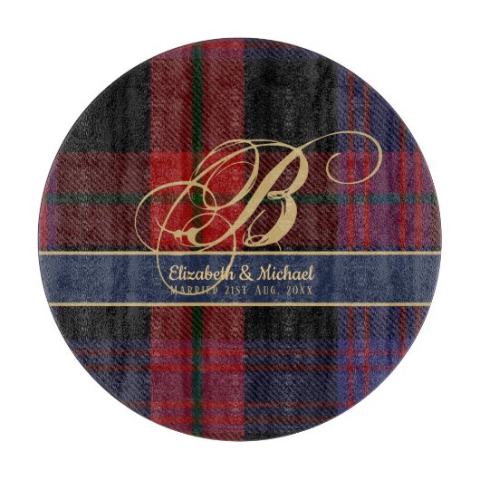 Monogram BROWN Tartan Blue Red Passen getrouwd Wed Snijplank (Voorkant)