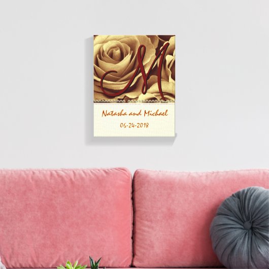 Monogram bruid en bruidegom met gouden Rozen Canvas Afdruk (Insitu (Woonkamer))