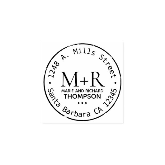 monogram, bruidegom namen, achternaam met adres rubberstempel (Afrduk)