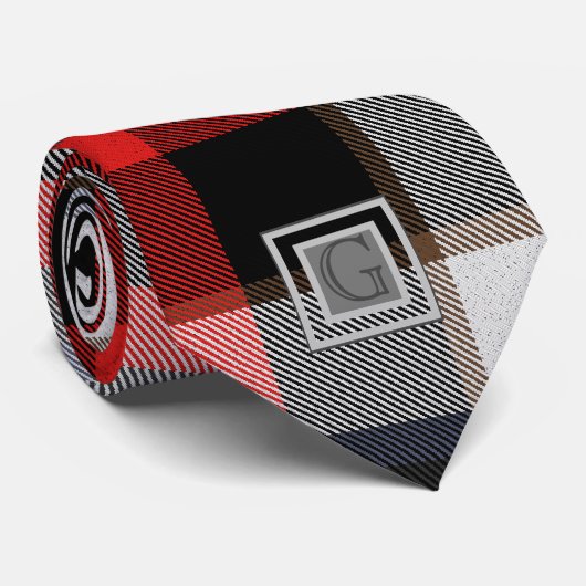 Monogram Bruidsjonkers Beste Man Rood Grijs Tartan Stropdas (Opgerold)