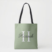 Monogram bruidsmeisje cadeau met naam saliegroene tote bag (Voorkant)