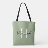 Monogram bruidsmeisje cadeau met naam saliegroene tote bag (Achterkant)