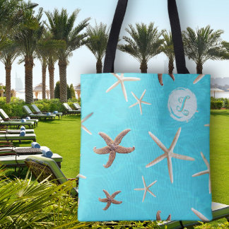 Monogram bruidsmeisje met zeester initiaal tote bag