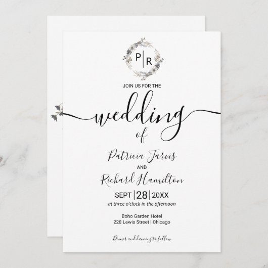 Monogram Bruiloft Bloemen Moderne Kalligrafie Kaart (Voorkant / Achterkant)