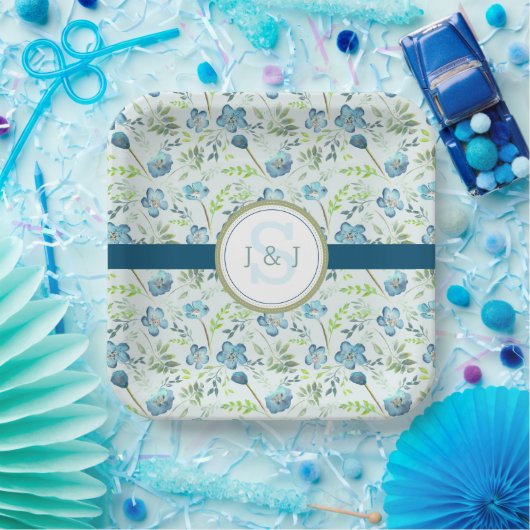 Monogram Bruiloft Boho Blauw Waterverf Bloemen Papieren Bordje (Feest)
