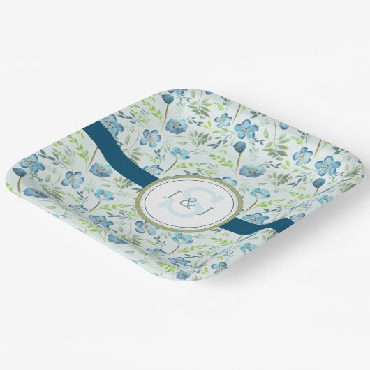 Monogram Bruiloft Boho Blauw Waterverf Bloemen Papieren Bordje (Gebogen)