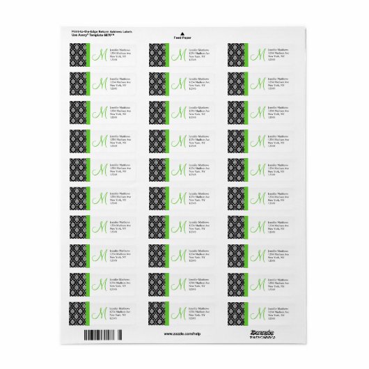 Monogram Bruiloft Damast Retouradres Labels (Full Sheet)