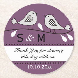 Monogram bruiloft Dank u Paarse Tortelduifjes Ronde Kartonnen Onderzetter