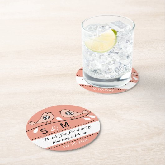 Monogram bruiloft Dank u Peach Tortelduifjes Ronde Kartonnen Onderzetter (Insitu)