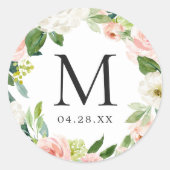 Monogram bruiloft Datum Blush Pink Floral Wreate Ronde Sticker (Voorkant)