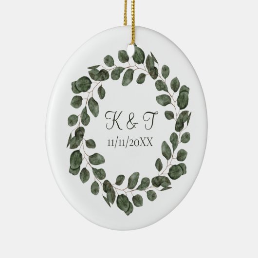 Monogram bruiloft Datum Eucalyptus Leaves Elegant Keramisch Ornament (Rechts)