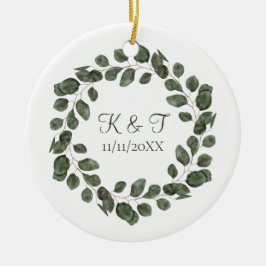 Monogram bruiloft Datum Eucalyptus Leaves Elegant Keramisch Ornament