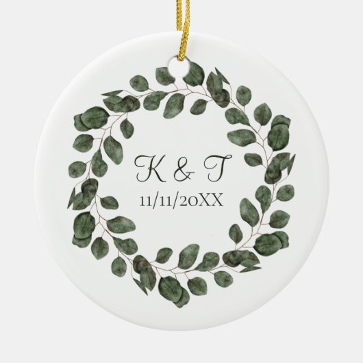 Monogram bruiloft Datum Eucalyptus Leaves Elegant Keramisch Ornament (Voorkant)