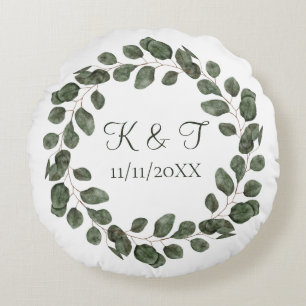 Monogram bruiloft Datum Eucalyptus Leaves Elegant Rond Kussen