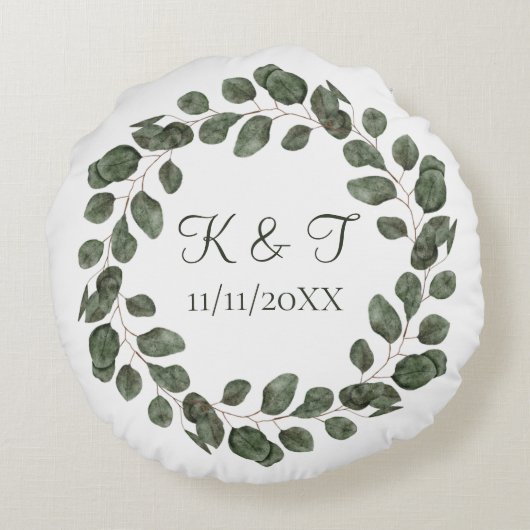 Monogram bruiloft Datum Eucalyptus Leaves Elegant Rond Kussen (Achterkant)